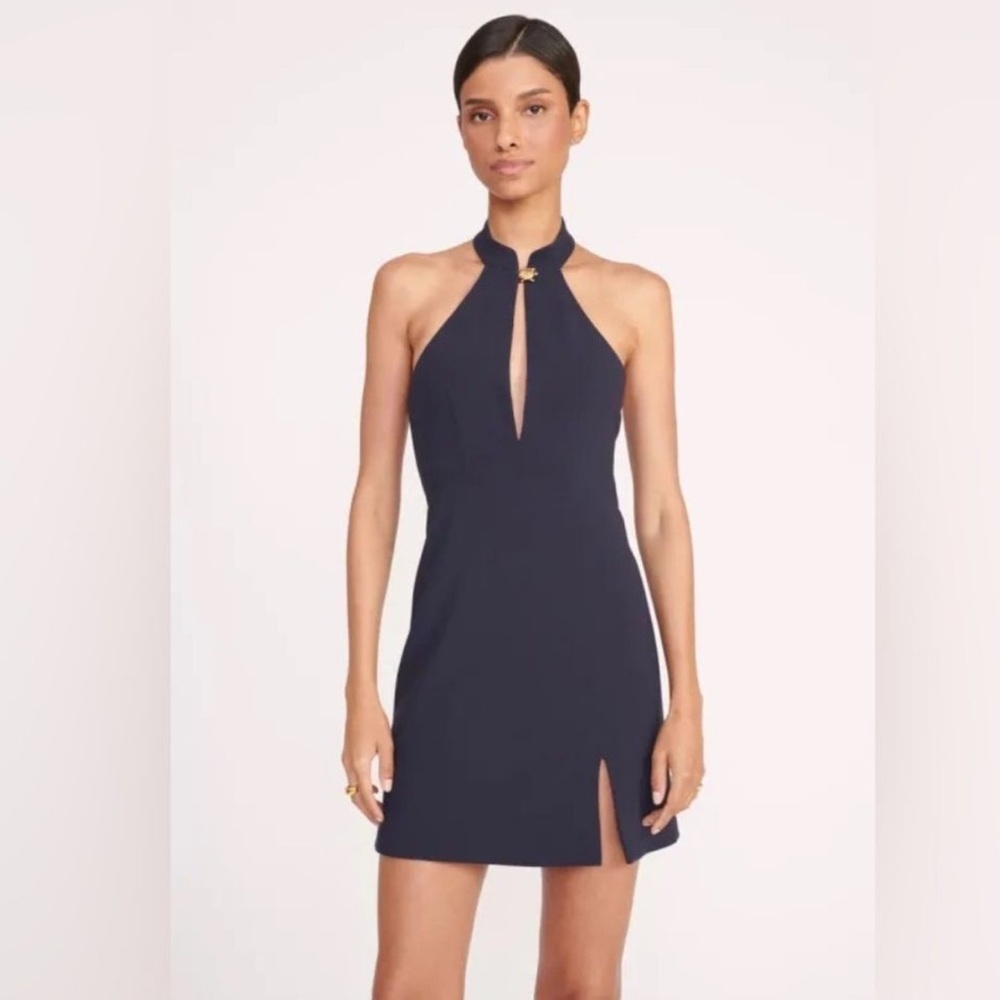 New STAUD Erica Halter Mini Dress - Navy Blue with Gold Accents